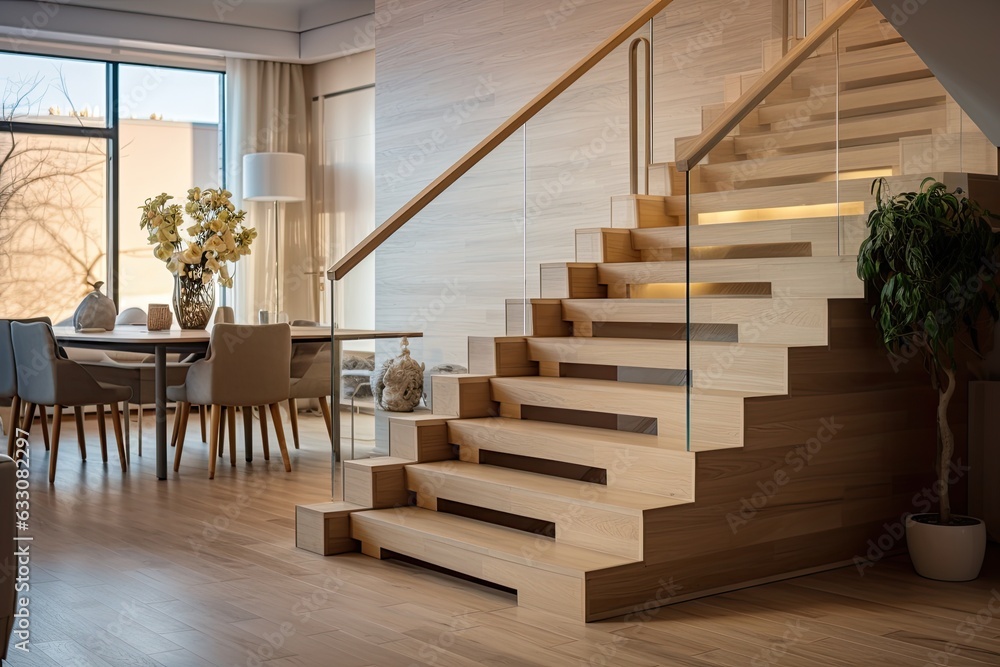 Obraz premium Contemporary wooden stairs made from natural ash tree are incorporated in the interior of a new house. The staircase showcases modern architecture and interior design, adding a touch of elegance to