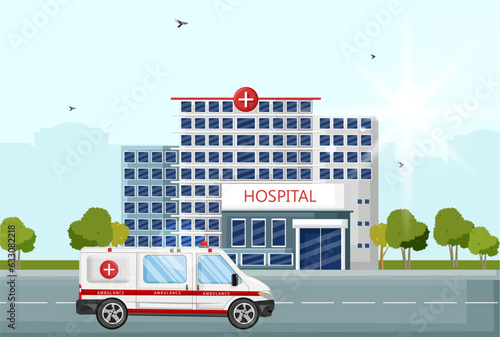 Hospital Facade Street View Flat Style Ambulance Car Entrance