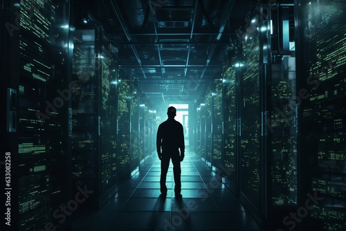 A silhouette of a man in a dark server room with tall industrial looking storage with neon lights, a long endless hallway