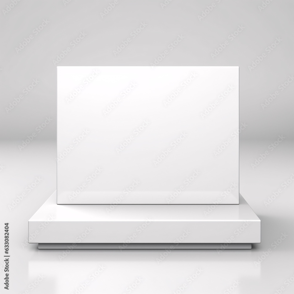 Fototapeta premium A minimalist white square podium on a clean white background serves as an empty showcase. Elevate your displays with this unadorned pedestal, perfect for spotlighting products.