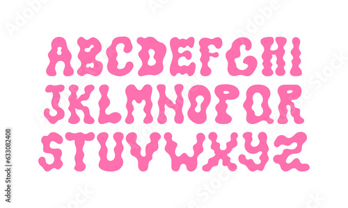 Retro funky psychedelic alphabet. Vector flat illustration. Floating groovy text in hippie style