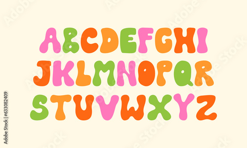 Groovy alphabet in hippie retro style. Vector flat illustration