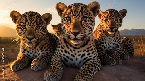 a group of young small teenage jaguars wild big cats curiously looking straight into the camera, golden hour photo, ultra wide angle lens photo