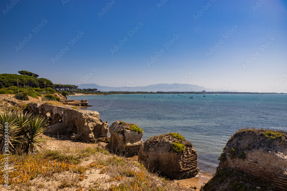 The Torre Astura nature reserve, in Nettuno. The large pine forest that leads to the beach with the remains of ancient Roman buildings. The Lazio coast.