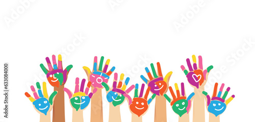Multiethnic diverse painted colorful hands of children with smile and heart shape raised up isolated vector illustration on white background