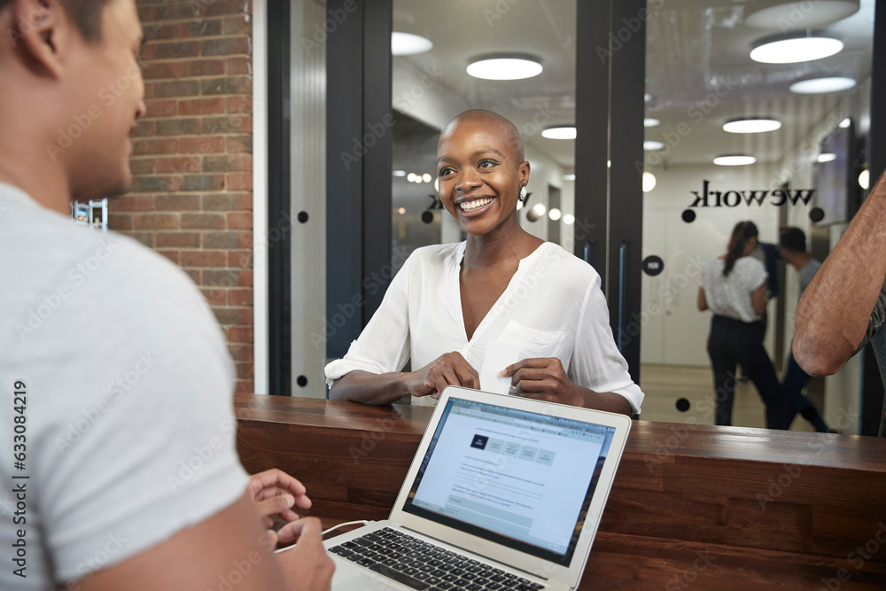 Smiling young businesswoman at reception Smiling young businesswoman at reception