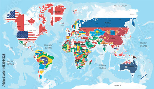 Illustration Map World with Flags All Countries