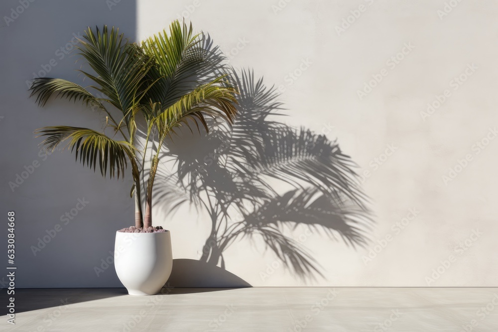 Fototapeta premium A design representing a minimalistic product placement set against a concrete wall, with a palm tree shadow. It exudes a luxurious summer ambiance within the interior of an architectural structure