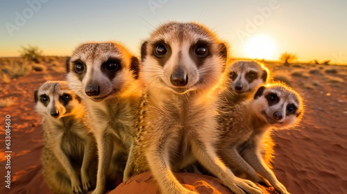 a group of young small teenage and adult meerkats curiously looking straight into the camera, golden hour photo, ultra wide angle lens © Romana