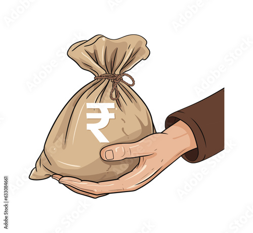 Money coin, Money bag. Money jute bag with coin stack isolated on white background.