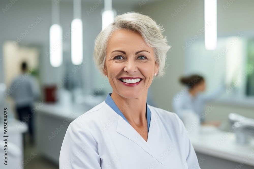 Fototapeta premium Photography of a pleased, woman in his 60s that is wearing a dentist's professional uniform against a dental clinic background. Generative AI