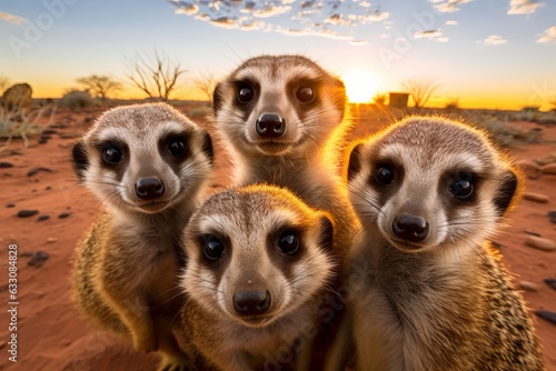 a group of young small teenage and adult meerkats curiously looking straight into the camera, golden hour photo, ultra wide angle lens