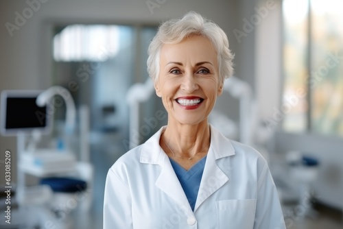 Photography of a pleased, woman in his 60s that is wearing a dentist's professional uniform against a dental clinic background. Generative AI
