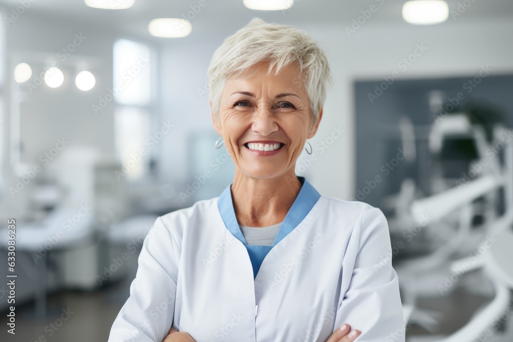 Photography of a pleased, woman in his 60s that is wearing a dentist's professional uniform against a dental clinic background. Generative AI Photography of a pleased, woman in his 60s that is wearing a dentist's professional uniform against a dental clinic background. Generative AI
