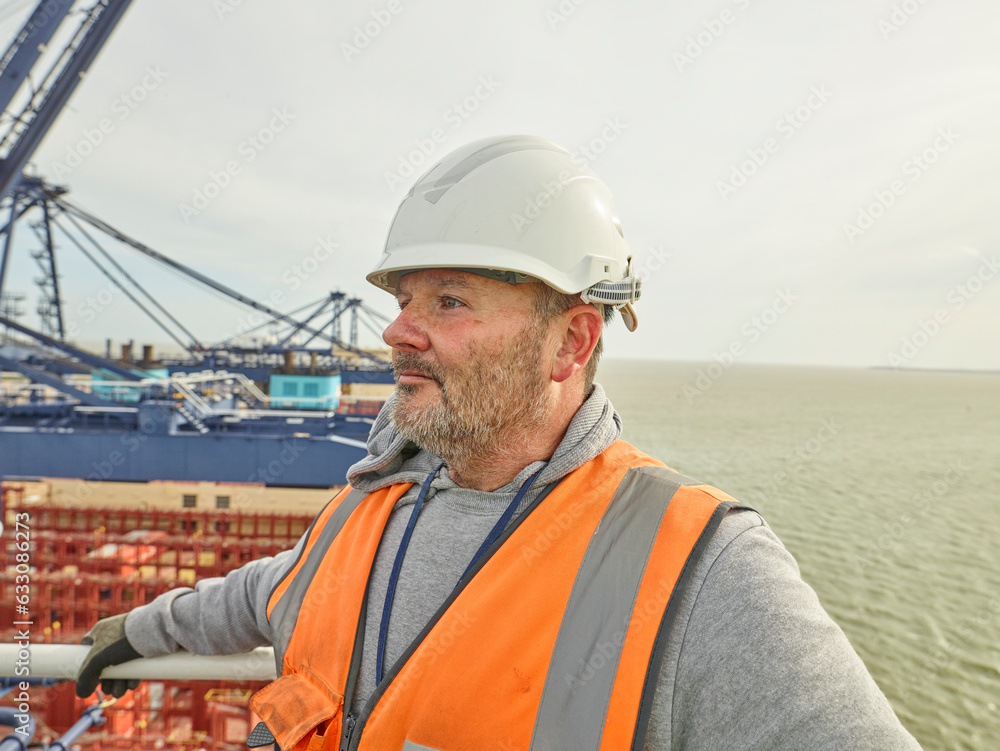 portrait of dock supervisor at top of crane overlooking cargo ship and containers portrait of dock supervisor at top of crane overlooking cargo ship and containers