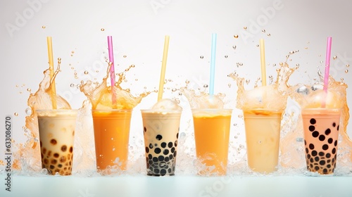 Advertisement studio banner image of a glass with cooked black tapioca pearls and milk, trendy bubble boba ice tea with splashes on beige colored gradient background, horizontal.