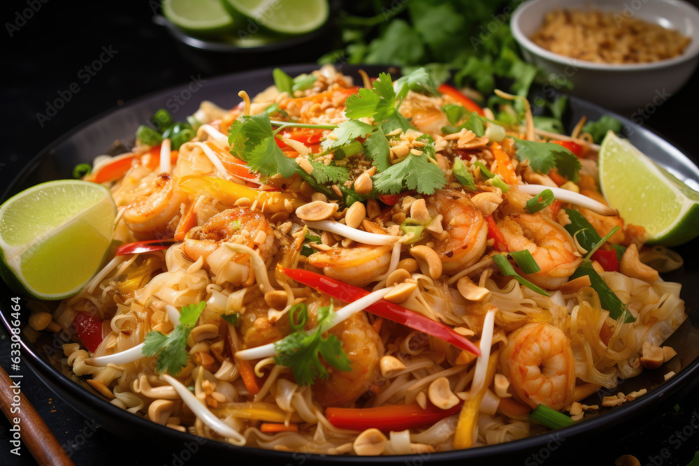 Scrumptious shrimp Pad Thai with peanuts, lime, and bean sprouts, presented in traditional Thai style. This AI-generated illustration captures the vibrant colors and fresh ingredients of this popular Scrumptious shrimp Pad Thai with peanuts, lime, and bean sprouts, presented in traditional Thai style. This AI-generated illustration captures the vibrant colors and fresh ingredients of this popular