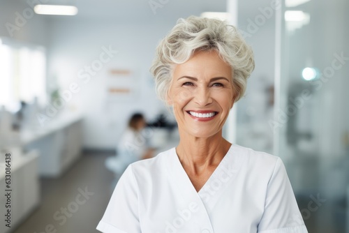 Photography of a pleased, woman in his 60s that is wearing a dentist's professional uniform against a dental clinic background. Generative AI