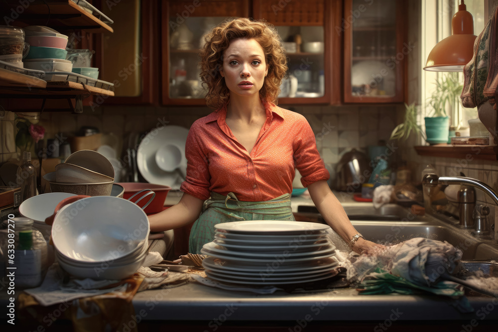 Woman doing household tasks and chores like cleaning, washing dishes ...