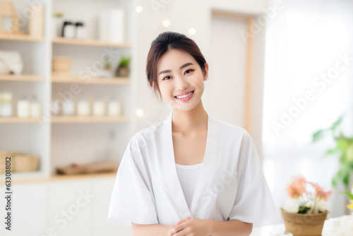 Asian woman, working as a receptionist in a beauty spa, greets with a warm smile. She epitomizes elegance and customer service, showcasing the essence of a positive workplace