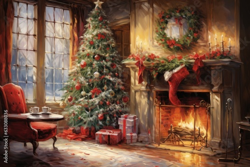 watercolor christmas tree and fireplace presents in a dreamy scene © PinkiePie