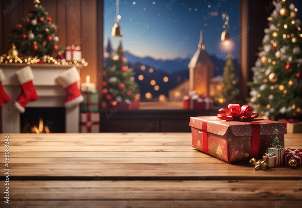 Empty wooden table with Christmas Eve gift theme in background