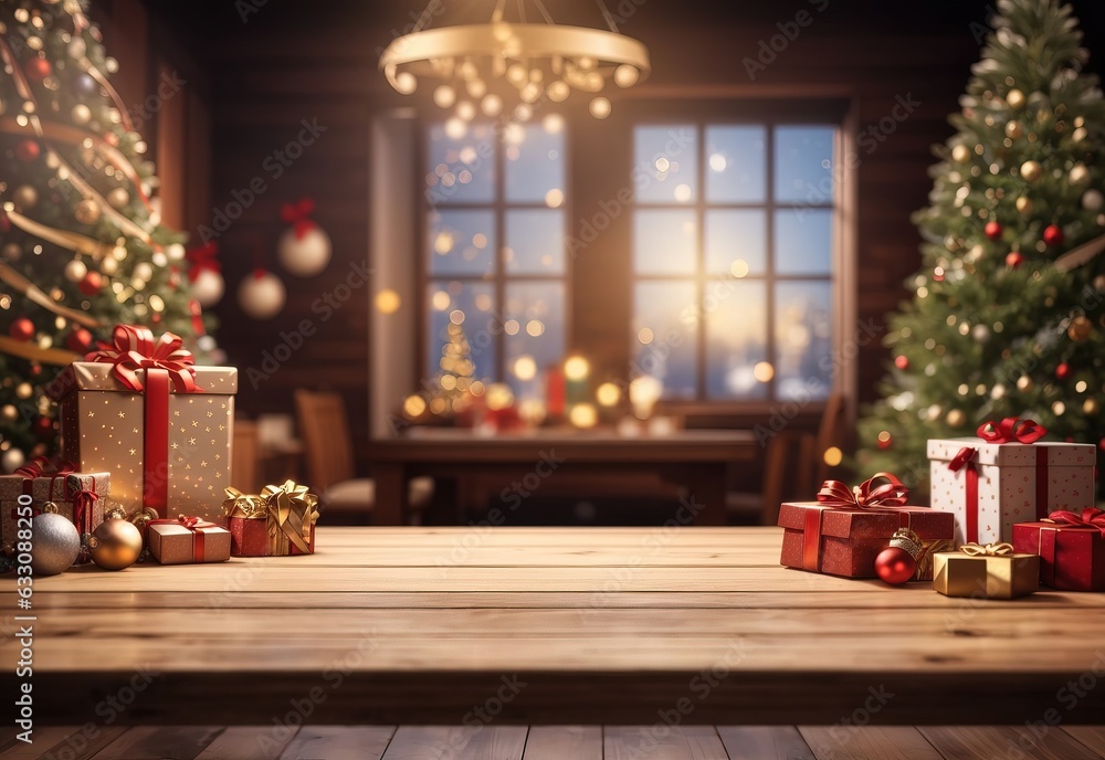 Empty wooden table with Christmas Eve gift theme in background
