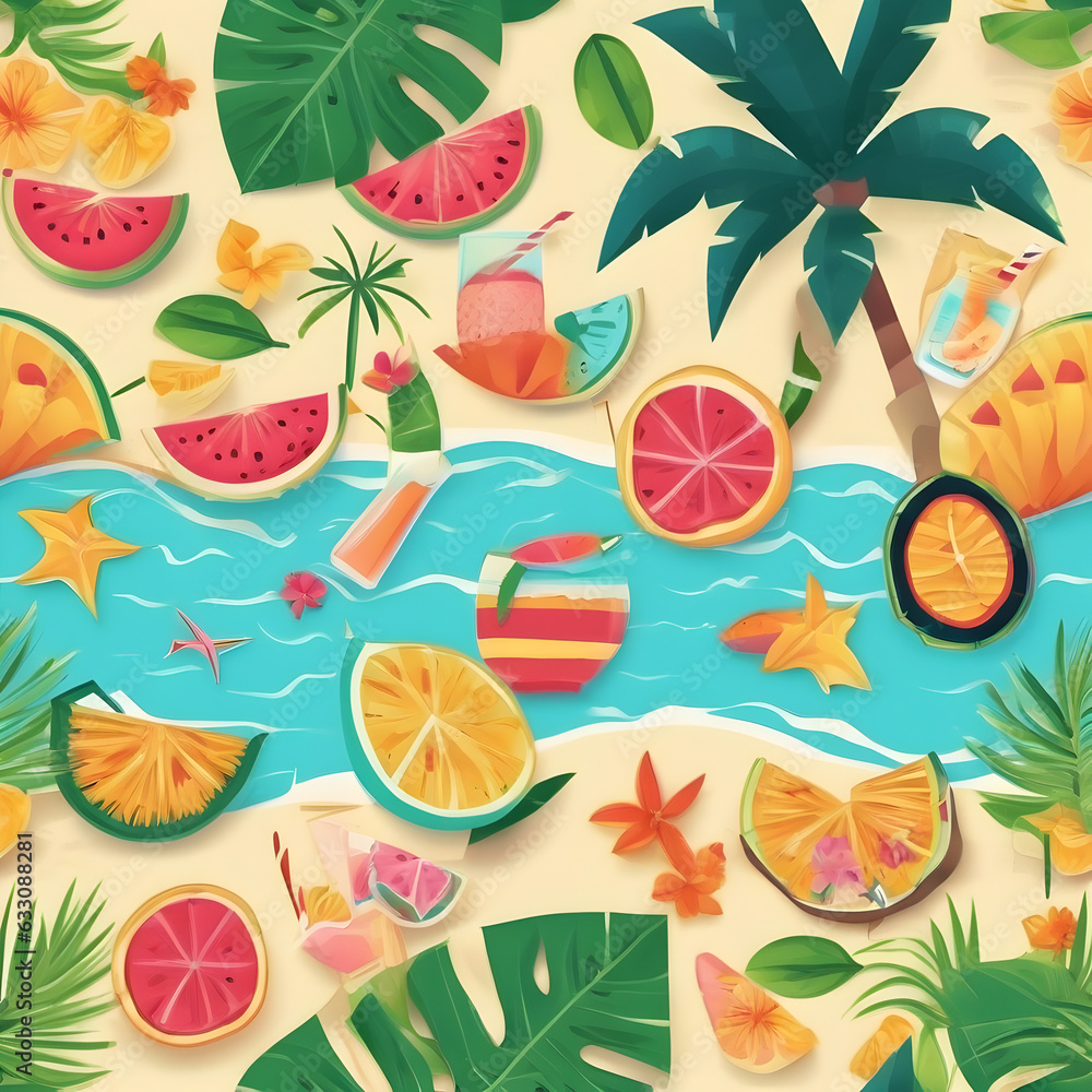 Summer sunset beach with palms and background illustration