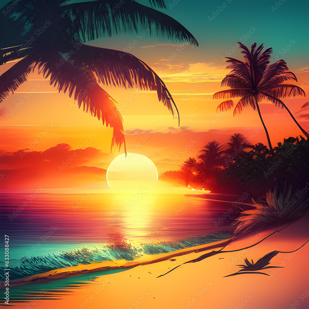 Summer sunset beach with palms and background illustration