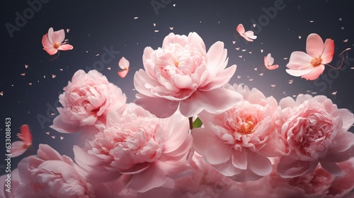 Many delicate tender pink big and small open and closed peony flowers and buds levitating on pastel gradient background. Top view.