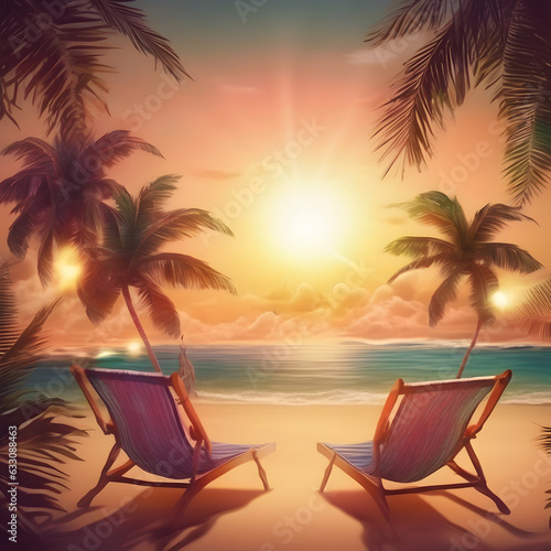 Summer sunset beach with palms and background illustration