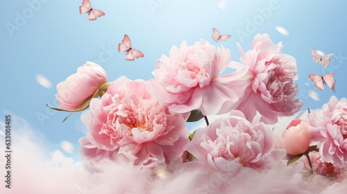 Many delicate tender pink big and small open and closed peony flowers and buds levitating on pastel gradient background. Top view.