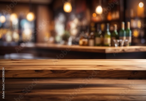 Empty wooden table and countertop with blurred bar background for product placement design © Alief Shop