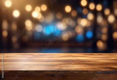 Empty wood table top with blur space with bokeh light background