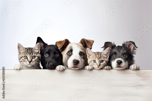 Cute puppies and kittens peek behind a wooden banner with empty space for text or product placement. The concept of an advertising poster for a pet store or veterinary clinic. photo