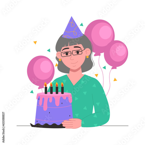 Person with cake. Senior woman in a festive cap makes a wish next to the birthday cake. Vector graphic.