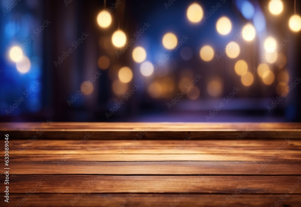 Empty wood table top with blur islamic theme with bokeh light background Empty wood table top with blur islamic theme with bokeh light background
