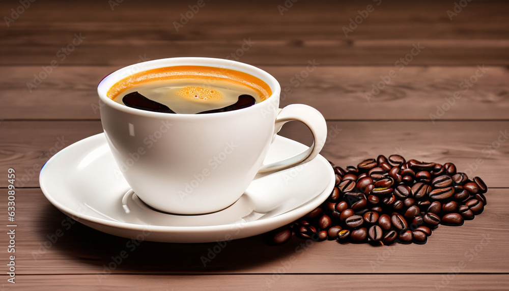 Coffee cup and coffee beans on wooden background. Fresh tasty espresso cup of hot coffee with coffee beans on dark background Coffee cup and coffee beans on wooden background. Fresh tasty espresso cup of hot coffee with coffee beans on dark background