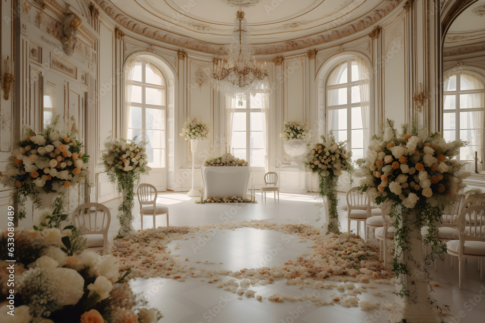 wedding room interior with white dominant decoration ,wedding event hall ,generative ai