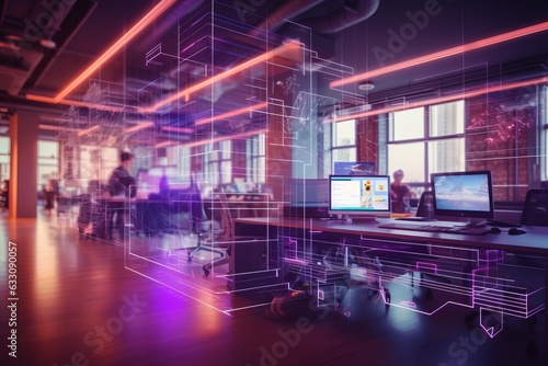 Modern neon cyberpunk open space office interior blurred with information technology overlay. Corporate strategy for finance  operations  marketing. Magenta color grading