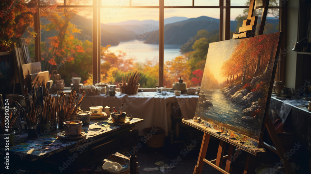 An oil painting setup, bristle brushes dipped in vibrant paints, traditional wooden palette held