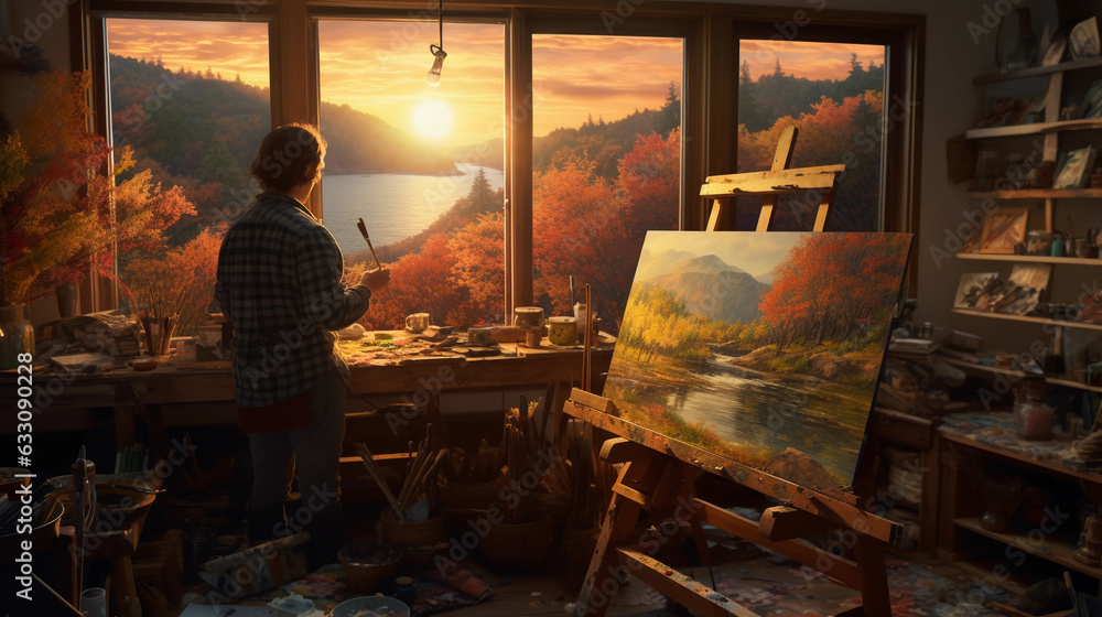 An oil painting setup, bristle brushes dipped in vibrant paints, traditional wooden palette held