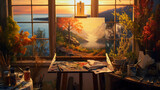 An oil painting setup, bristle brushes dipped in vibrant paints, traditional wooden palette held by a painter, on an easel sits a half - finished impressionist landscape painting, golden light from a 