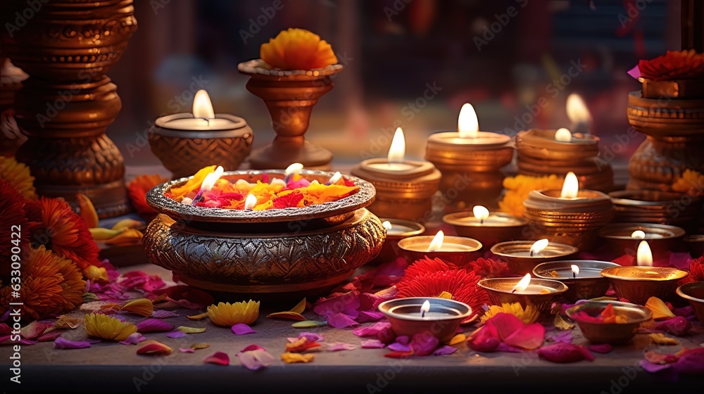 Fototapeta premium Diwali celebration background with candles and flower petals, generated by AI