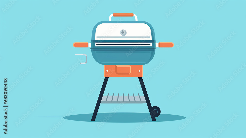 Minimalistic, 2D flat design of a stylish modern BBQ grill, clean lines, pastel colors, on a cool blue background with a simple geometric pattern Minimalistic, 2D flat design of a stylish modern BBQ grill, clean lines, pastel colors, on a cool blue background with a simple geometric pattern