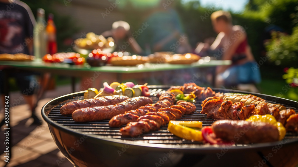 a backyard BBQ party, hamburgers and hot dogs sizzling on the grill, family and friends mingling around, bright summer day, vivid colors a backyard BBQ party, hamburgers and hot dogs sizzling on the grill, family and friends mingling around, bright summer day, vivid colors