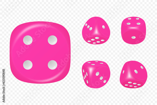 Vector 3d Realistic Pink Game Dice with White Dots Set in Different Positions Isolated. Gambling Games Design, Casino, Poker, Tabletop, Board Games. Realistic Cubes, Random Numbers, Rounded Edges
