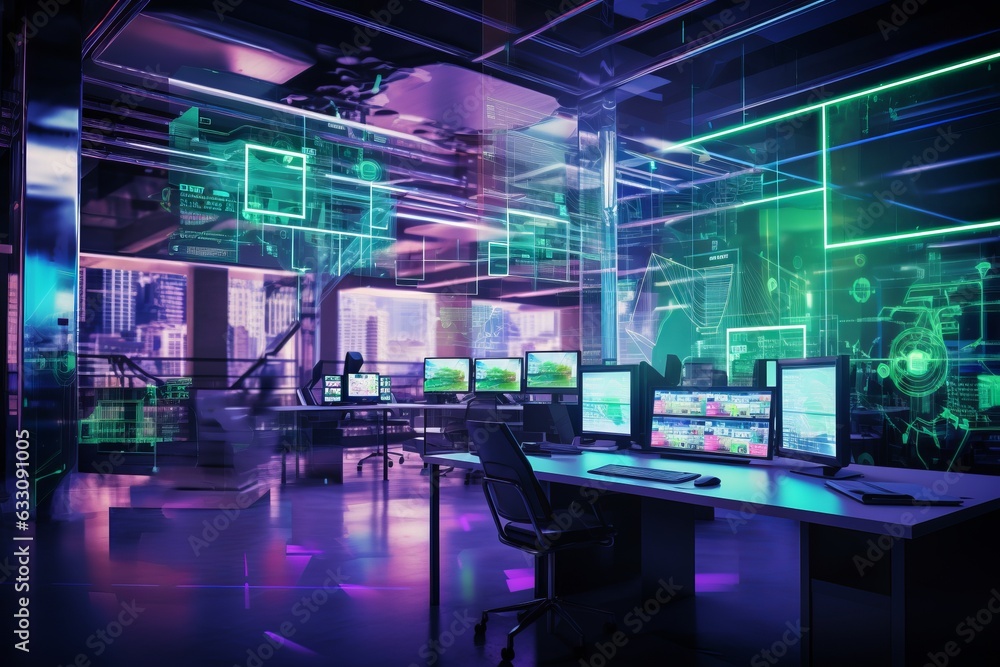 Modern neon cyberpunk open space office interior blurred with information technology overlay. Corporate strategy for finance, operations, marketing. Purple color grading Modern neon cyberpunk open space office interior blurred with information technology overlay. Corporate strategy for finance, operations, marketing. Purple color grading