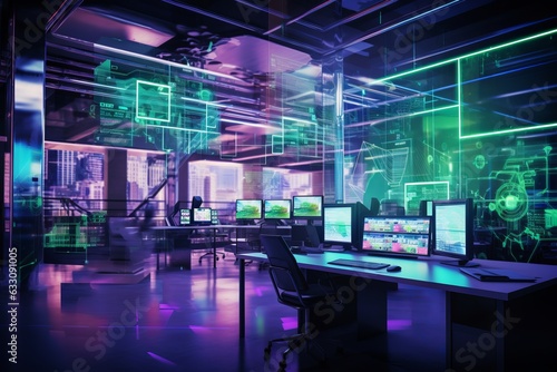 Modern neon cyberpunk open space office interior blurred with information technology overlay. Corporate strategy for finance, operations, marketing. Purple color grading © Romana