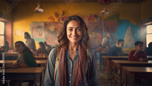 Woman in a classroom, elementary teacher. Created using generative AI tools